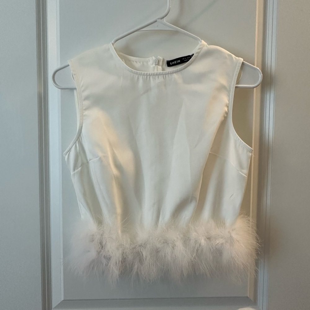 White Sleeveless Top with Feathers